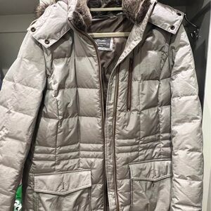 Eddie Bauer Women's Silver Puffer Jacket with Faux Fur Hood